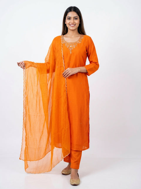 Orange Kurta, Pants and Dupatta Set