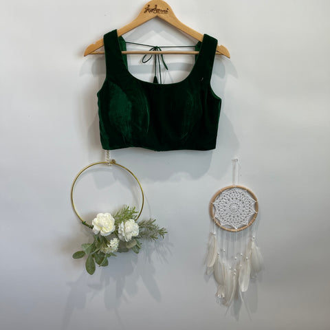 Green Velvet Sleeveless Readymade Blouse