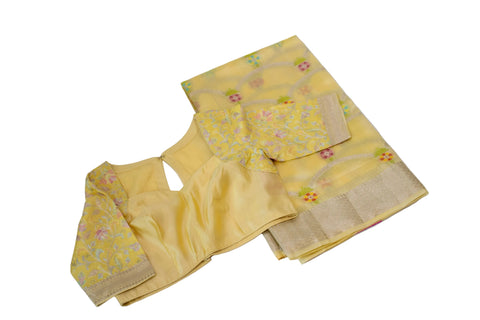 Yellow Chiniya Silk Saree with Pastel Floral Motifs and Zari Border