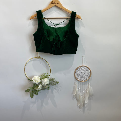 Green Velvet Sleeveless Readymade Blouse