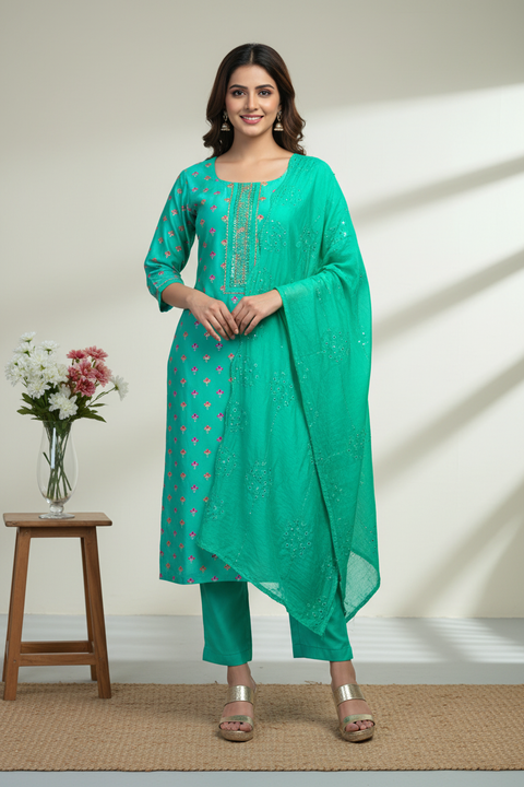 Sea Green Kurta, Pants and Dupatta set