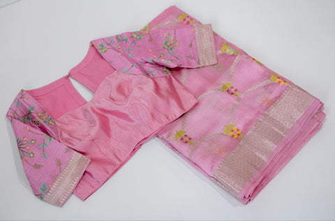 Baby Pink Chiniya Silk Saree with Pastel Floral Motifs and Zari Border