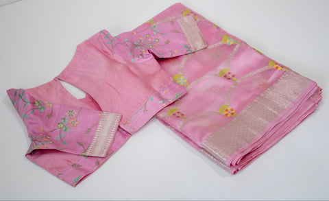 Baby Pink Chiniya Silk Saree with Pastel Floral Motifs and Zari Border