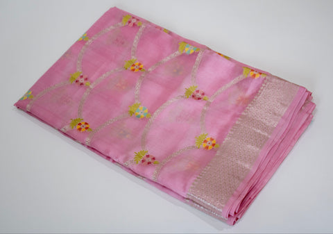 Baby Pink Chiniya Silk Saree with Pastel Floral Motifs and Zari Border