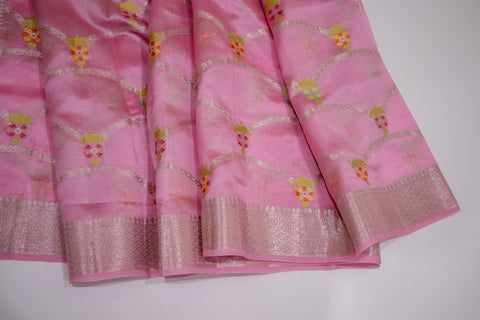 Baby Pink Chiniya Silk Saree with Pastel Floral Motifs and Zari Border