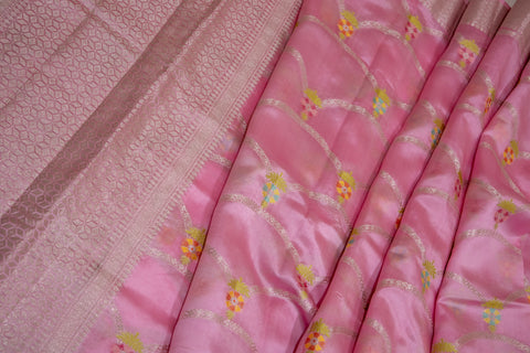 Baby Pink Chiniya Silk Saree with Pastel Floral Motifs and Zari Border