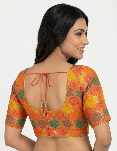 Orange and Yellow Banarasi Readymade Blouse