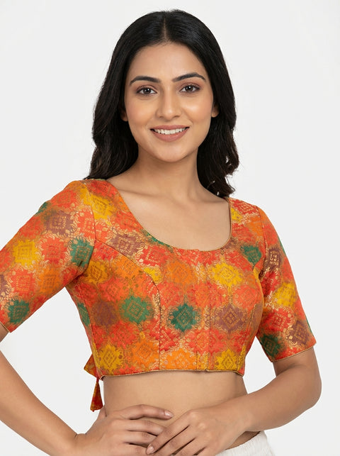 Orange and Yellow Banarasi Readymade Blouse