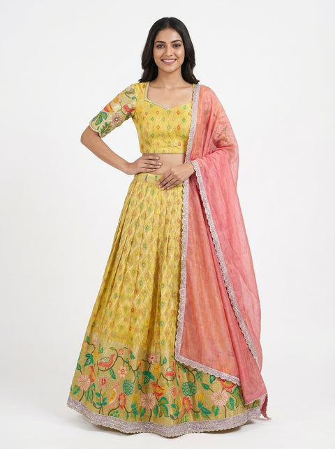 Yellow and Red Zari Kota Half Saree