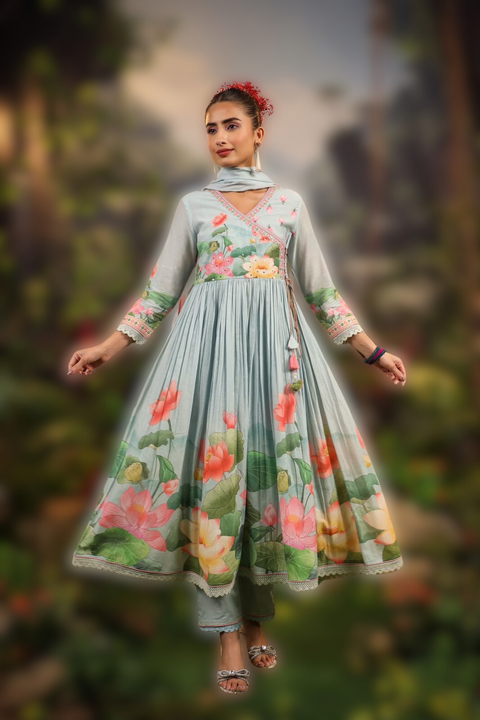 Blue Angrakha Style Kurta, Pants and Dupatta set in Mulmul Cotton