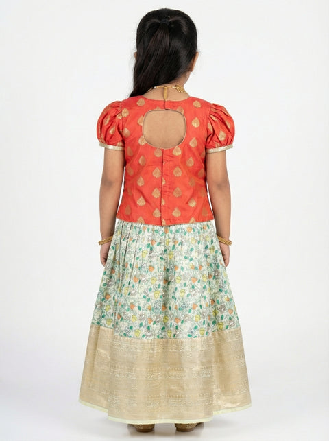 Lemon Green and Orange Kids Lehengas