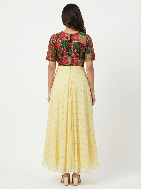Yellow & Red Chinnon  gown