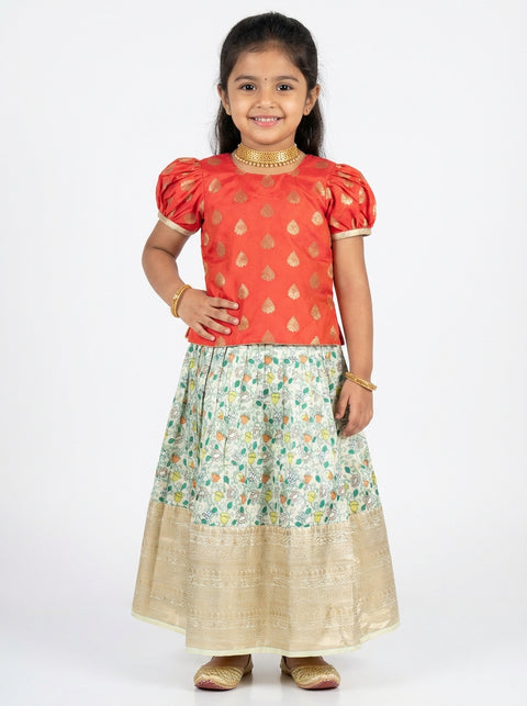 Lemon Green and Orange Kids Lehengas