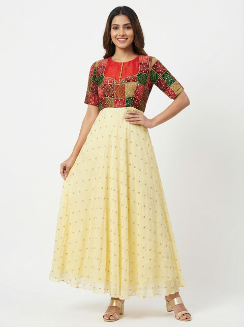 Yellow & Red Chinnon  gown