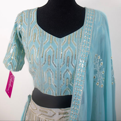 Light Blue and Cream embroidered Lehenga