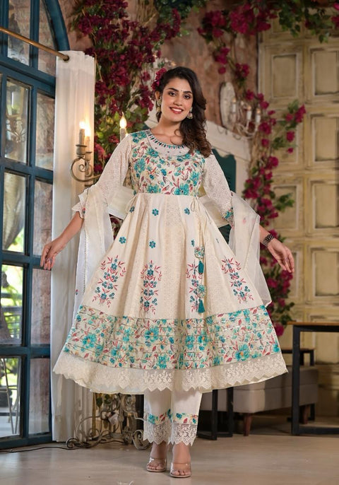 Cream/Blue Kurta, Pants and Dupatta set in Cotton