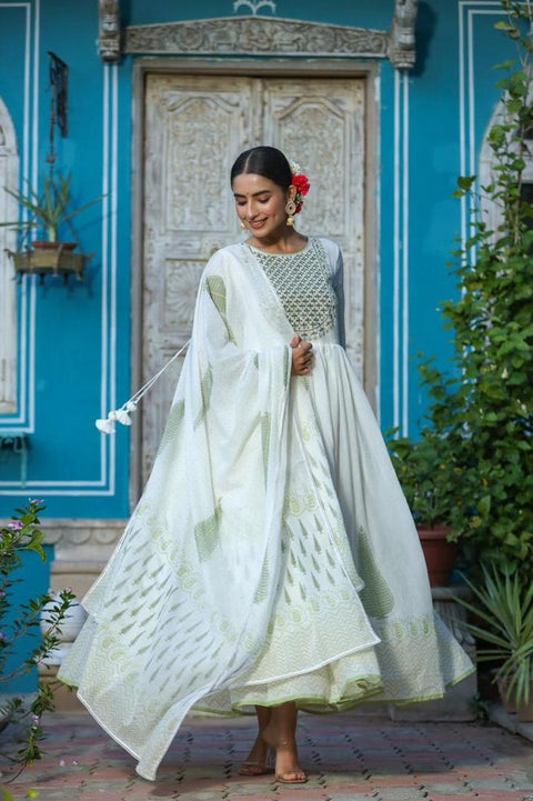 White and Green Long Kurti