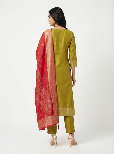 Green Kurta, Pants and Dupatta Set