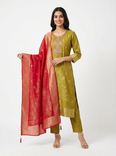 Green Kurta, Pants and Dupatta Set