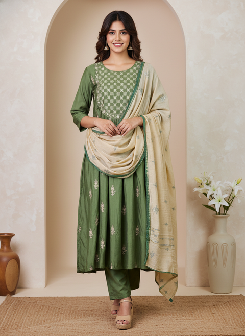 Green Kurta, Pants and Dupatta set