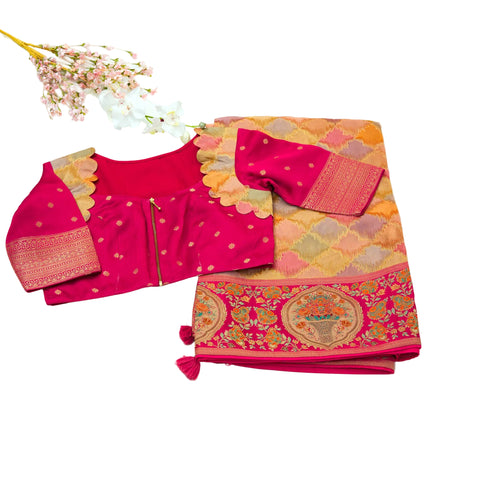 Rose Pink Multi Satin Organza Saree