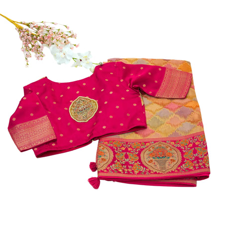 Rose Pink Multi Satin Organza Saree