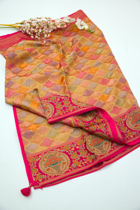 Rose Pink Multi Satin Organza Saree