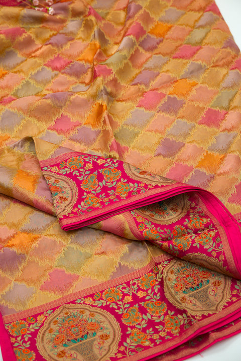 Rose Pink Multi Satin Organza Saree