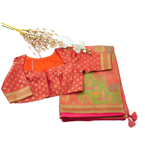 Peach Satin Organza Saree