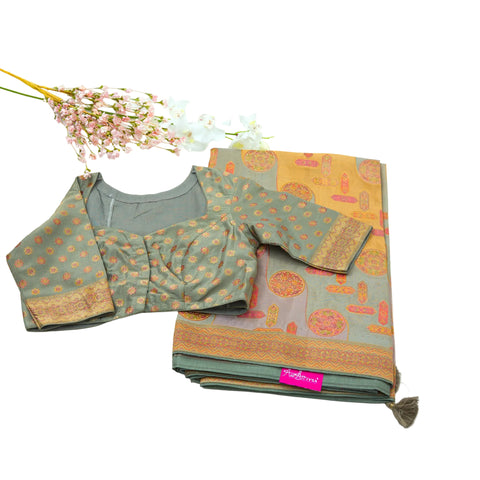 Olive Grey Multi Satin Organza Saree