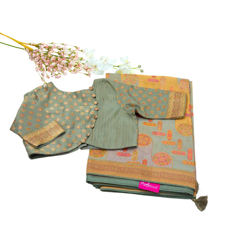 Olive Grey Multi Satin Organza Saree