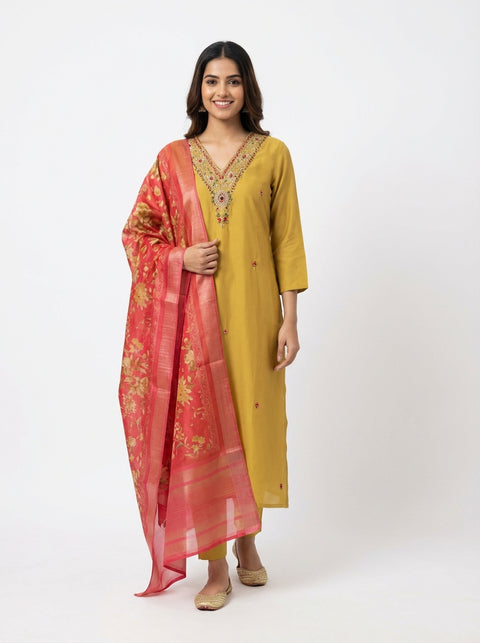 Yellow Kurta, Pants and Dupatta Set