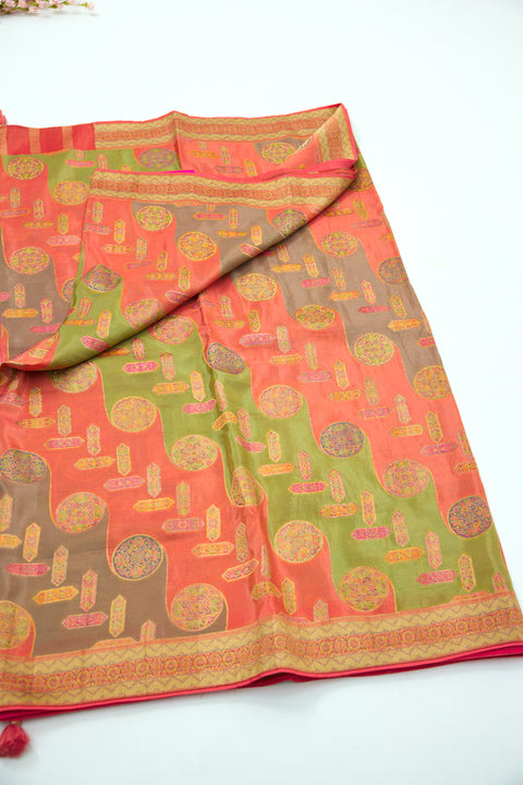 Peach Satin Organza Saree