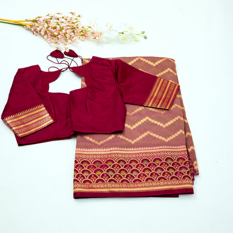 Dusty Cedar with Wine Red Temple Tissue Saree with Satin Border