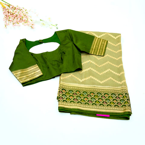 Olive Green with Forest Green Temple Tissue Saree with Satin Border
