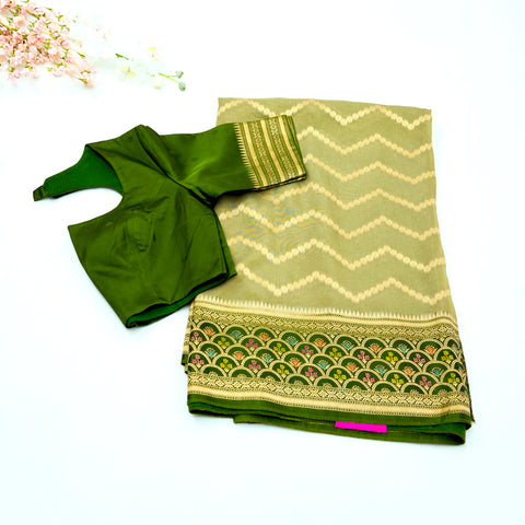 Olive Green with Forest Green Temple Tissue Saree with Satin Border