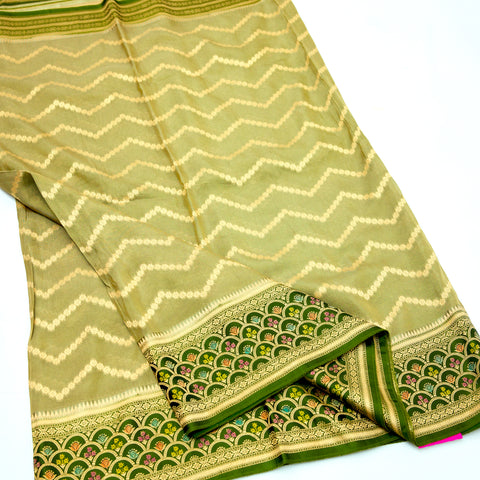Olive Green with Forest Green Temple Tissue Saree with Satin Border
