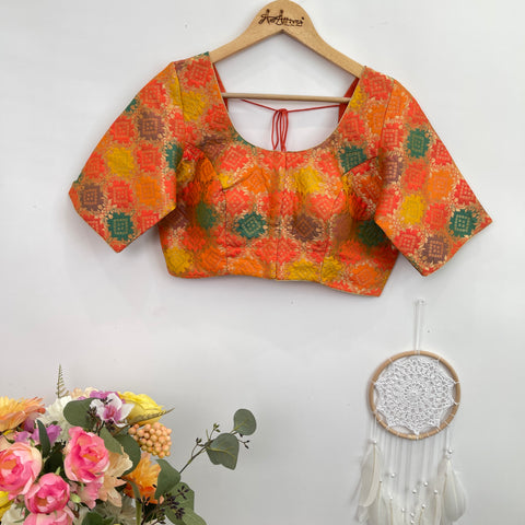 Orange and Yellow Banarasi Readymade Blouse