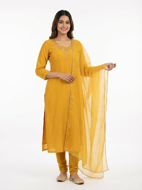 Yellow Kurta, Pants and Dupatta Set