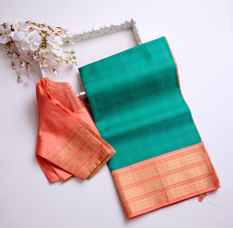 Green with Peach and Gold Zari Border Kanchipattu Saree