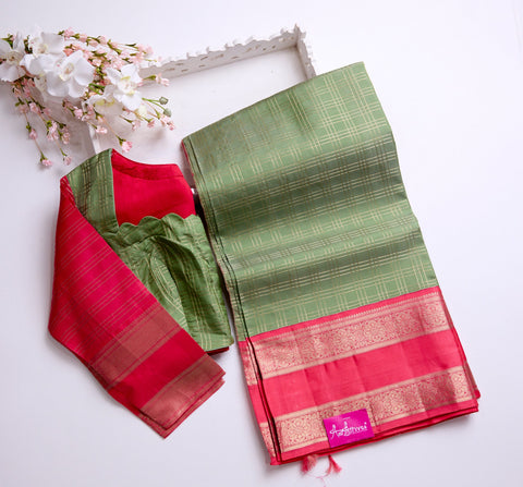 Pista Green with Coral Red Zari Border Kanchipattu Saree
