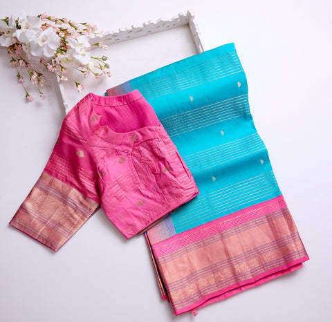 Turquoise Blue with Pink Zari Border Kanchipattu Saree