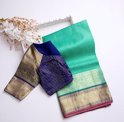 Royal Teal Green with Gold Zari and Navy Blue Blouse Kanchipattu Saree