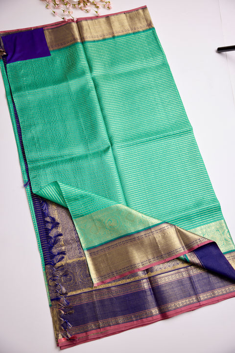 Royal Teal Green with Gold Zari and Navy Blue Blouse Kanchipattu Saree