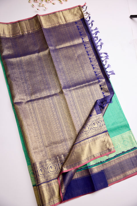 Royal Teal Green with Gold Zari and Navy Blue Blouse Kanchipattu Saree