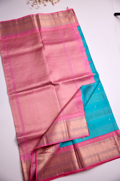 Turquoise Blue with Pink Zari Border Kanchipattu Saree