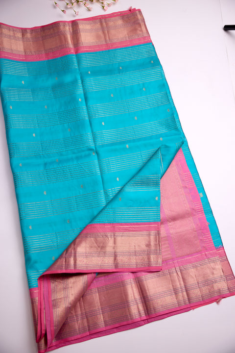 Turquoise Blue with Pink Zari Border Kanchipattu Saree
