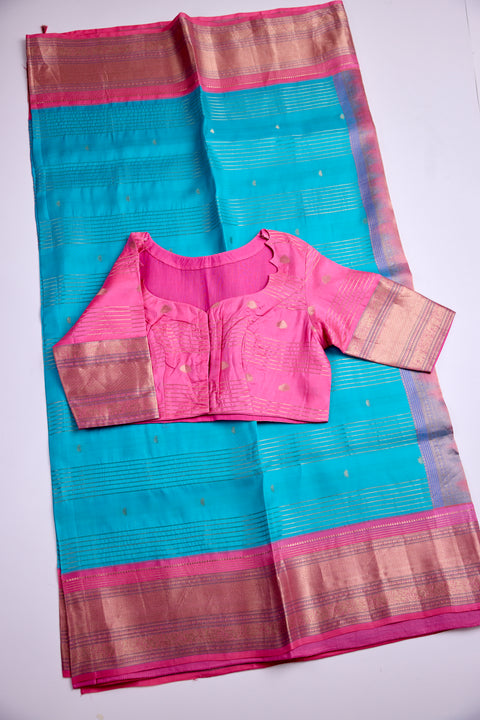 Turquoise Blue with Pink Zari Border Kanchipattu Saree