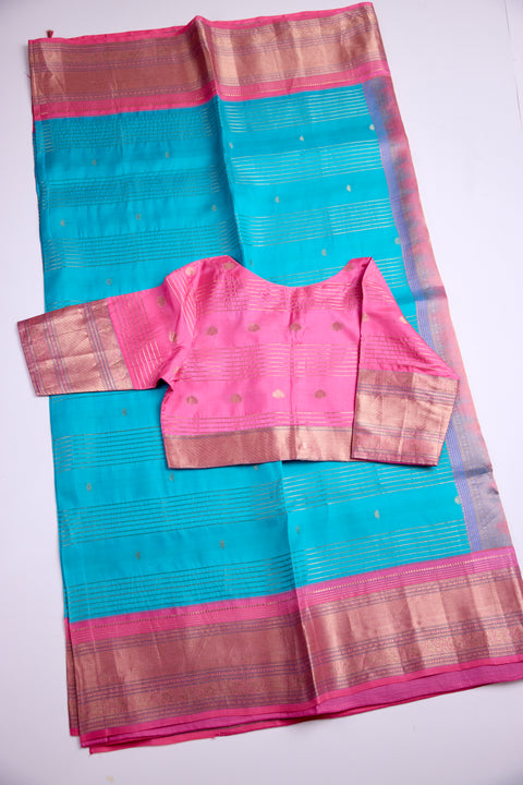 Turquoise Blue with Pink Zari Border Kanchipattu Saree