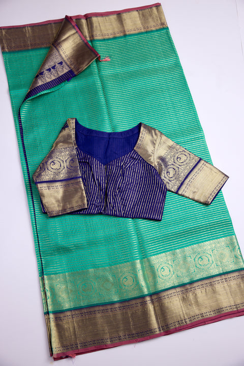Royal Teal Green with Gold Zari and Navy Blue Blouse Kanchipattu Saree